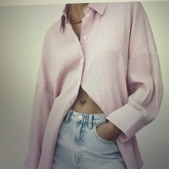 Zara Pink Lilac Oversized Knotted Back Long Sleeve Button Front Shirt Size S - Picture 2 of 11